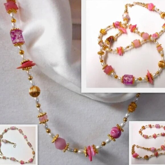 Necklace with Clasp, Pink &White & Gold,  beaded Necklace - Picture 3 of 6